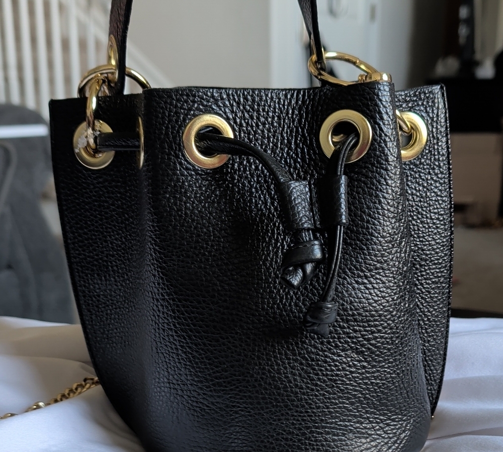 Pebbled Black Leather Drawstring Crossbody with Gold Rings